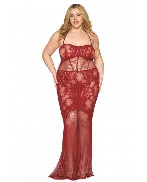 Nuisette longue grande taille en résille rouge - DG0487XRED
