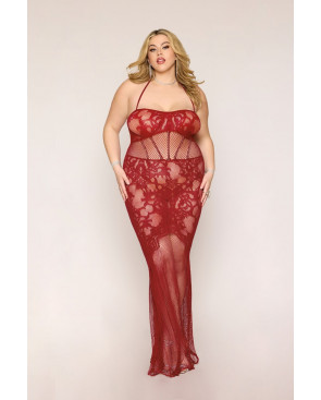 Nuisette longue grande taille en résille rouge - DG0487XRED