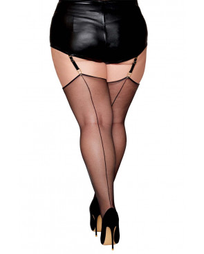 Bas noir, grande taille, en résille transparente avec couture arrière  - DG0492XBLK