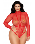 Ensemble 2 pièces grande taille, bodystring résille rouge et harnais - DG13680XRED