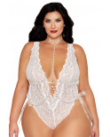 Ensemble 2 pièces grande taille, body dentelle blanc et chainettes bijou de corps perles blanches - DG13697XWHT