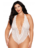 Ensemble 2 pièces grande taille, body dentelle blanc et chainettes bijou de corps perles blanches - DG13697XWHT