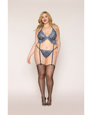 Soutien porte jarretelles grande taille et string en dentelle florale bleue - DG13522XBLU