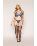 Soutien porte jarretelles grande taille et string en dentelle florale bleue - DG13522XBLU