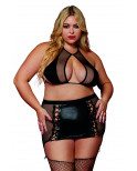 Soutien gorge et jupe porte jarretelles grande taille en résille et simili cuir - DG13290XBLK