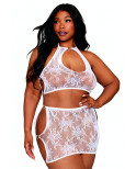 Ensemble 2 pièces grande taille top et jupe en résille fantaisie blanche - DG13309WHT