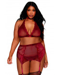Ensemble 4 pièces grande taille soutien gorge, tour de cou, string et porte jarretelles rouge - DG11776XGAR