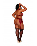 Ensemble 4 pièces grande taille soutien gorge, tour de cou, string et porte jarretelles rouge - DG11776XGAR