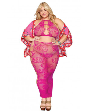 Ensemble Soutien-gorge et jupe longue en filet rose, grande taille - DG0485XBEE