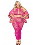 Ensemble Soutien-gorge et jupe longue en filet rose, grande taille - DG0485XBEE