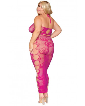 Ensemble Soutien-gorge et jupe longue en filet rose, grande taille - DG0485XBEE
