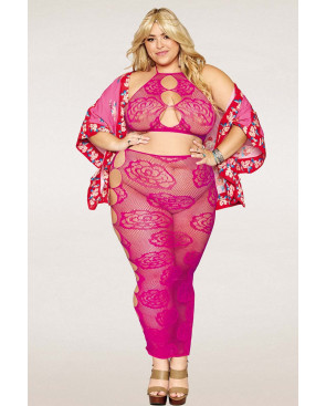Ensemble Soutien-gorge et jupe longue en filet rose, grande taille - DG0485XBEE
