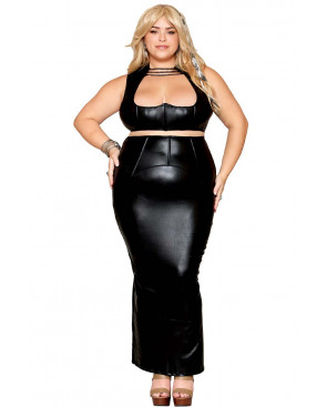 Ensemble Soutien-gorge et jupe longue, grande taille, noir en simili cuir - DG13198XBLK