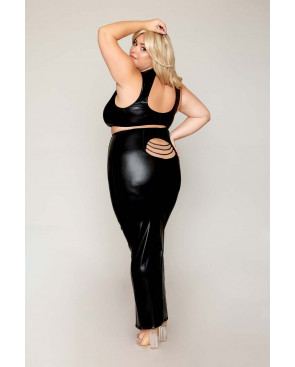 Ensemble Soutien-gorge et jupe longue, grande taille, noir en simili cuir - DG13198XBLK