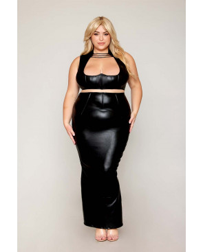 Ensemble Soutien-gorge et jupe longue, grande taille, noir en simili cuir - DG13198XBLK