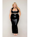 Ensemble Soutien-gorge et jupe longue, grande taille, noir en simili cuir - DG13198XBLK