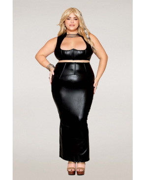 Ensemble Soutien-gorge et jupe longue, grande taille, noir en simili cuir - DG13198XBLK