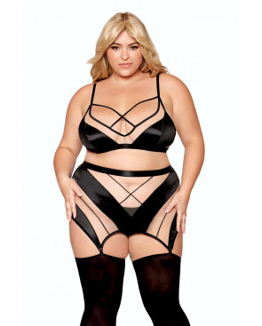 Ensemble grande taille avec Soutien-gorge, jupe porte-jarretelles, string  - DG13377XBLK