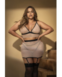 Soutien-gorge, string et jupe, grande taille, résille Chair/Noire - MAL8776XNBL