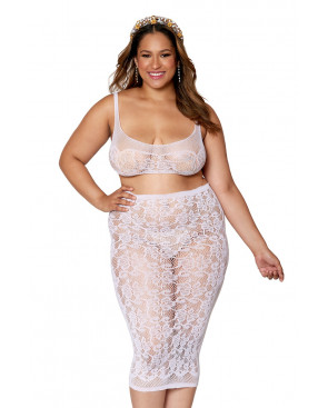 Ensemble 2 pièces grande taille, brassière résille fantaisie et jupe longue assorti - DG12921XWHT