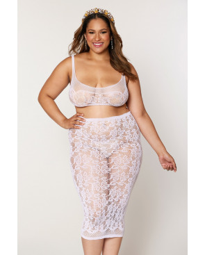 Ensemble 2 pièces grande taille, brassière résille fantaisie et jupe longue assorti - DG12921XWHT