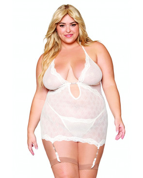 Guépière porte jarretelles blanche grande taille avec strass et string inclus - DG13313XWHT