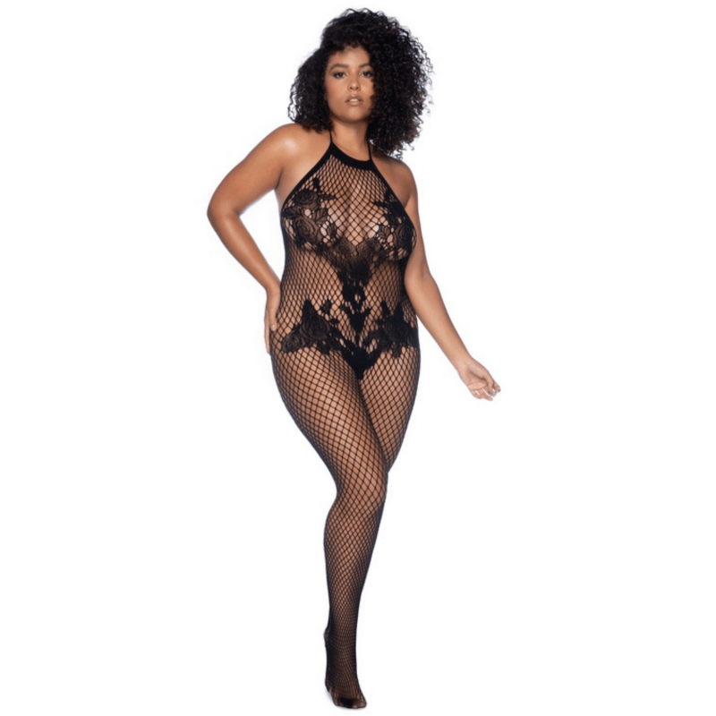 Combinaison grande taille en résille noire - MAL1116XBLK