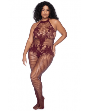 Combinaison grande taille en résille couleur cerise - MAL1116XCHRY