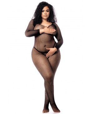 Combinaison grande taille manches longues en résille noire - MAL1102XBLK