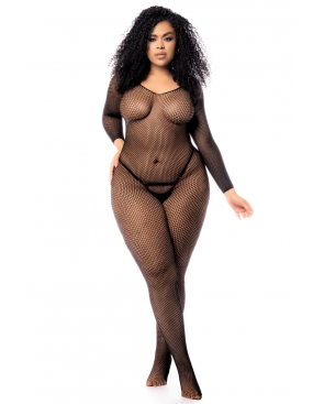 Combinaison grande taille manches longues en résille noire - MAL1102XBLK