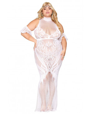Robe bodystocking, grande taille, en résille t dentelle blanche - DG0490XWHT