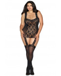 Bodystocking grande taille dentelle effet guêpières large décolleté et bas sexy - DG0144XBLK
