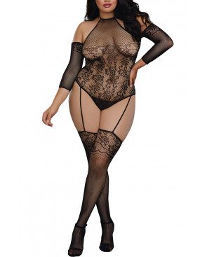 Bodystocking grande taille résille effet bas jarretelles - DG0310XBLK