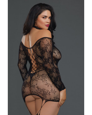 Bodystocking résille guêpière grande taille réversible avec tour de cou - DG0318XBLK
