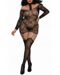 Bodystocking résille guêpière grande taille réversible avec tour de cou - DG0318XBLK