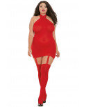 Bodystocking rouge grande taille effet guêpière avec dentelle - DG0035XRED