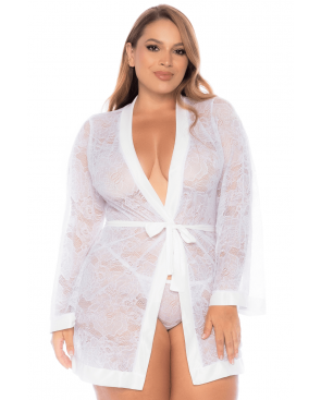 Peignoir grande taille en dentelle blanche - MAL7611XWHT