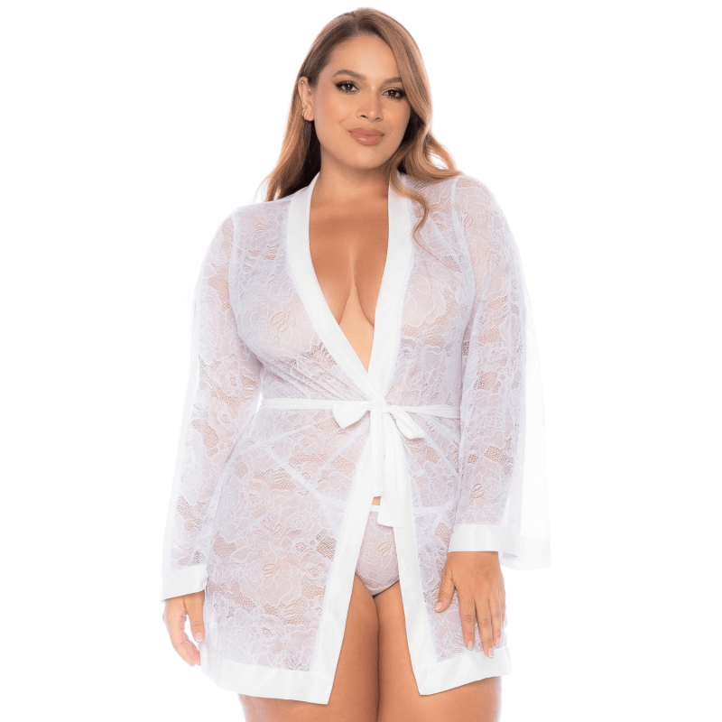 Peignoir grande taille en dentelle blanche - MAL7611XWHT