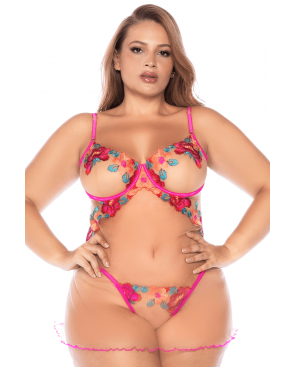 Nuisette grande taille en résille et dentelle florale rose et string assorti - MAL7609XSEGA