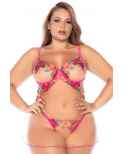 Nuisette grande taille en résille et dentelle florale rose et string assorti - MAL7609XSEGA