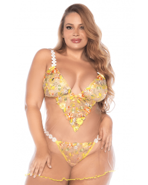 Nuisette grande taille transparente brodée jaune et string - MAL7608XSUBS