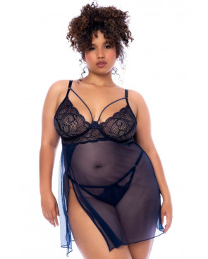 Nuisette grande taille bleu nuit et string - MAL7555XMNBL