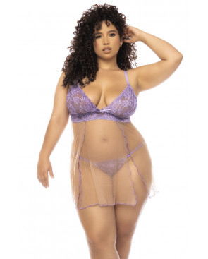 Nuisette grande taille couleur lavande et chair Verona, en dentelle et résille transparente - MAL7540XLLCN