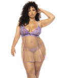Nuisette grande taille couleur lavande et chair Verona, en dentelle et résille transparente - MAL7540XLLCN