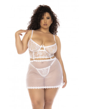 2 en 1 Nuisette et ensemble 2 pièces grande taille en dentelle et résille transparente - MAL7544XWHT