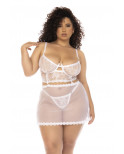 2 en 1 Nuisette et ensemble 2 pièces grande taille en dentelle et résille transparente - MAL7544XWHT