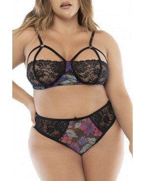 Deux-en-un, nuisette et ensemble trois pièces noir, grande taille, tissu fleur exotique - MAL7496XBLK