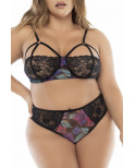 Deux-en-un, nuisette et ensemble trois pièces noir, grande taille, tissu fleur exotique - MAL7496XBLK