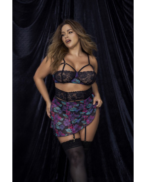 Deux-en-un, nuisette et ensemble trois pièces noir, grande taille, tissu fleur exotique - MAL7496XBLK