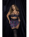 Deux-en-un, nuisette et ensemble trois pièces noir, grande taille, tissu fleur exotique - MAL7496XBLK
